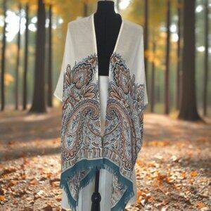 J. Jill Cream and Teal Blue Paisley Modal Rayon Shawl with Flowing Sleeves OS